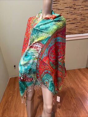 Raj Vibrant Red & Teal Paisley Shawl Wrap Scarf with tassels